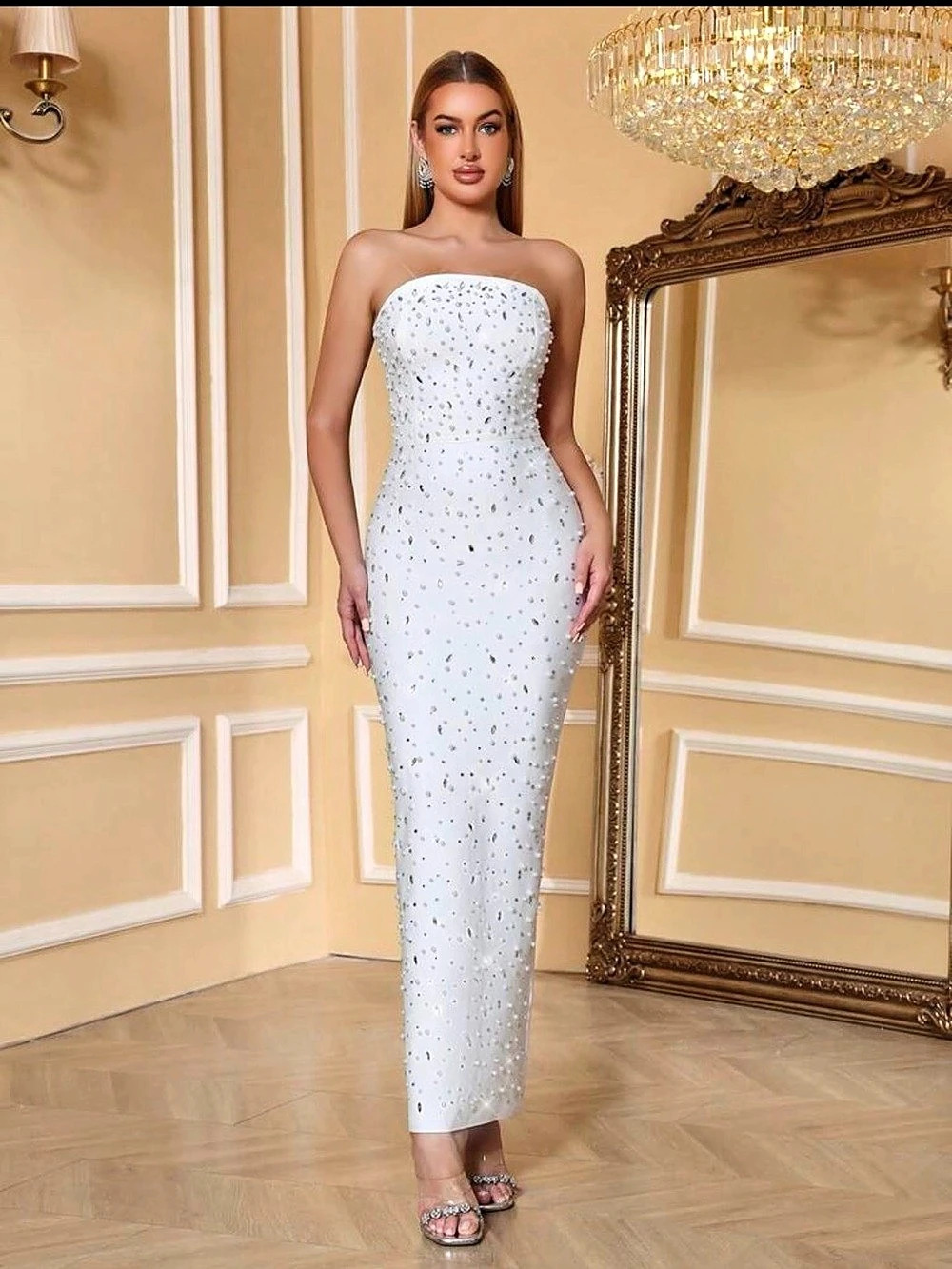 Strapless Embellished Maxi Dress in White Like New